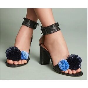 Anthropologie All‎ Black Elegant Black and Blue Raffia Women's Heels. Size 38.5.